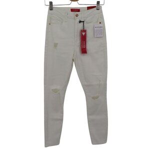 GUESS Womens 26 Pima Bling Pocket Distressed Solid White Denim Skinny Jeans NEW